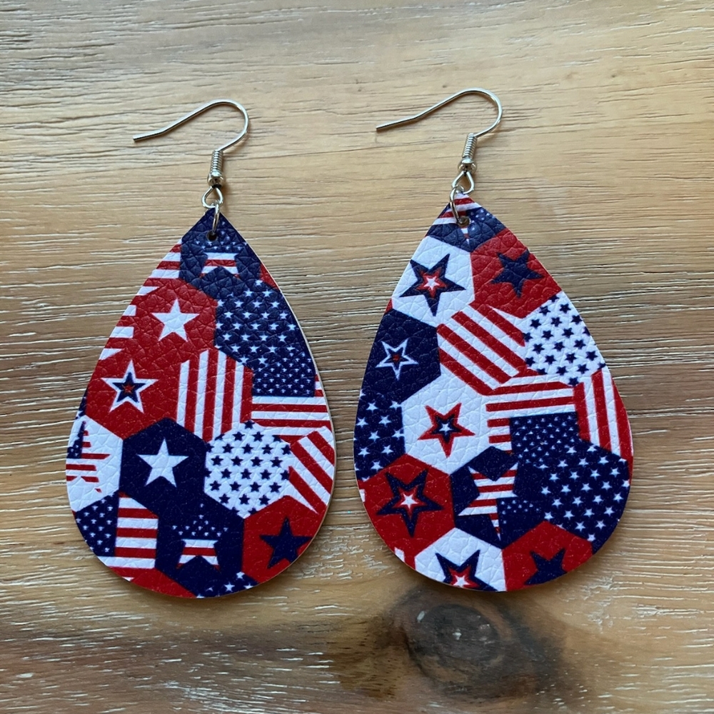 Pair Red White & Blue Star Flag Earrings Tear Drop ear rings American Patchwork